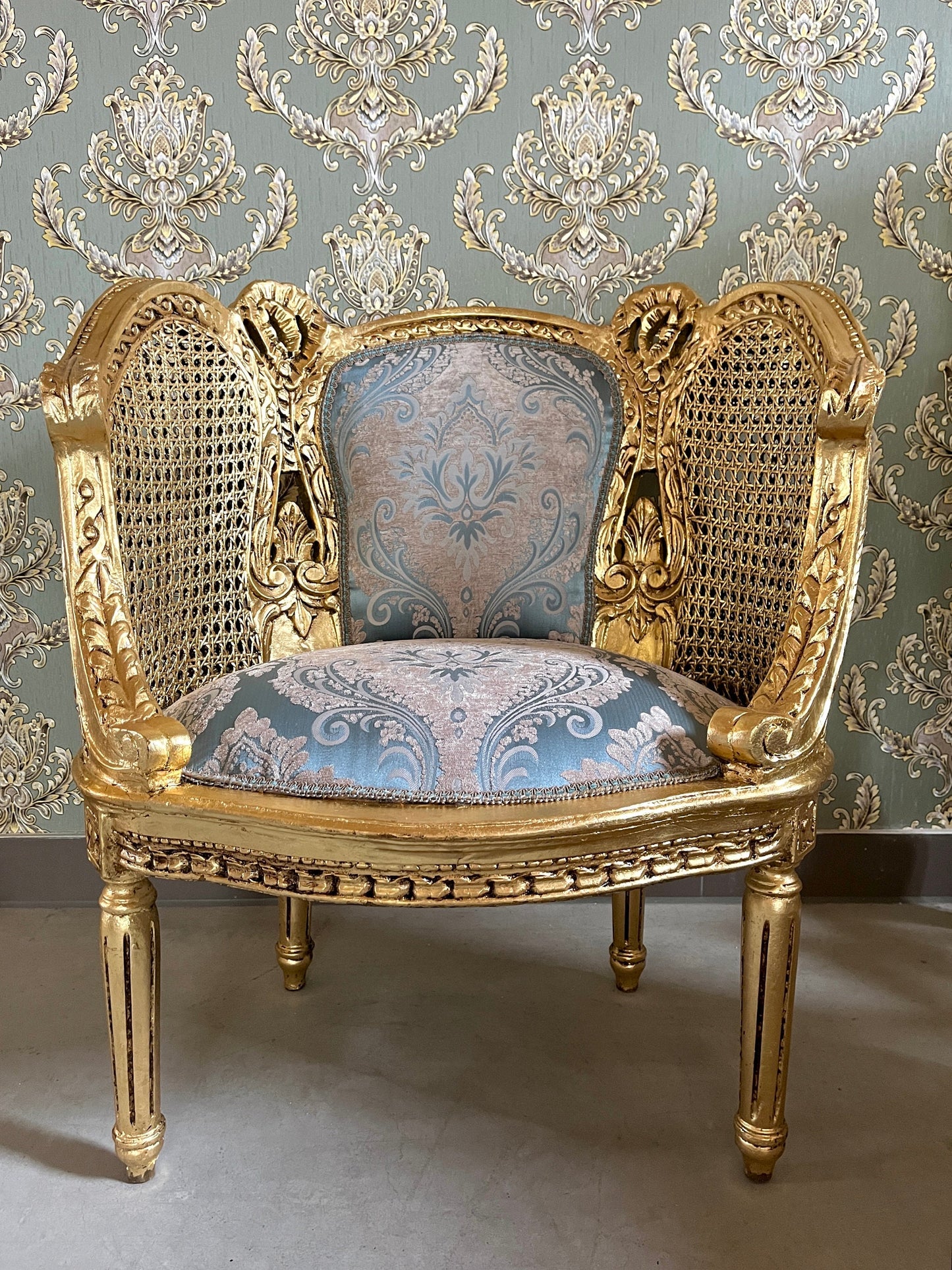 Pair Set Armchair Blue Royal Baroque Rococo Antique Style Chair in Gold Finish Woven Mesh Armrest & Blue Velvet Fabric for Lounge Room Decor
