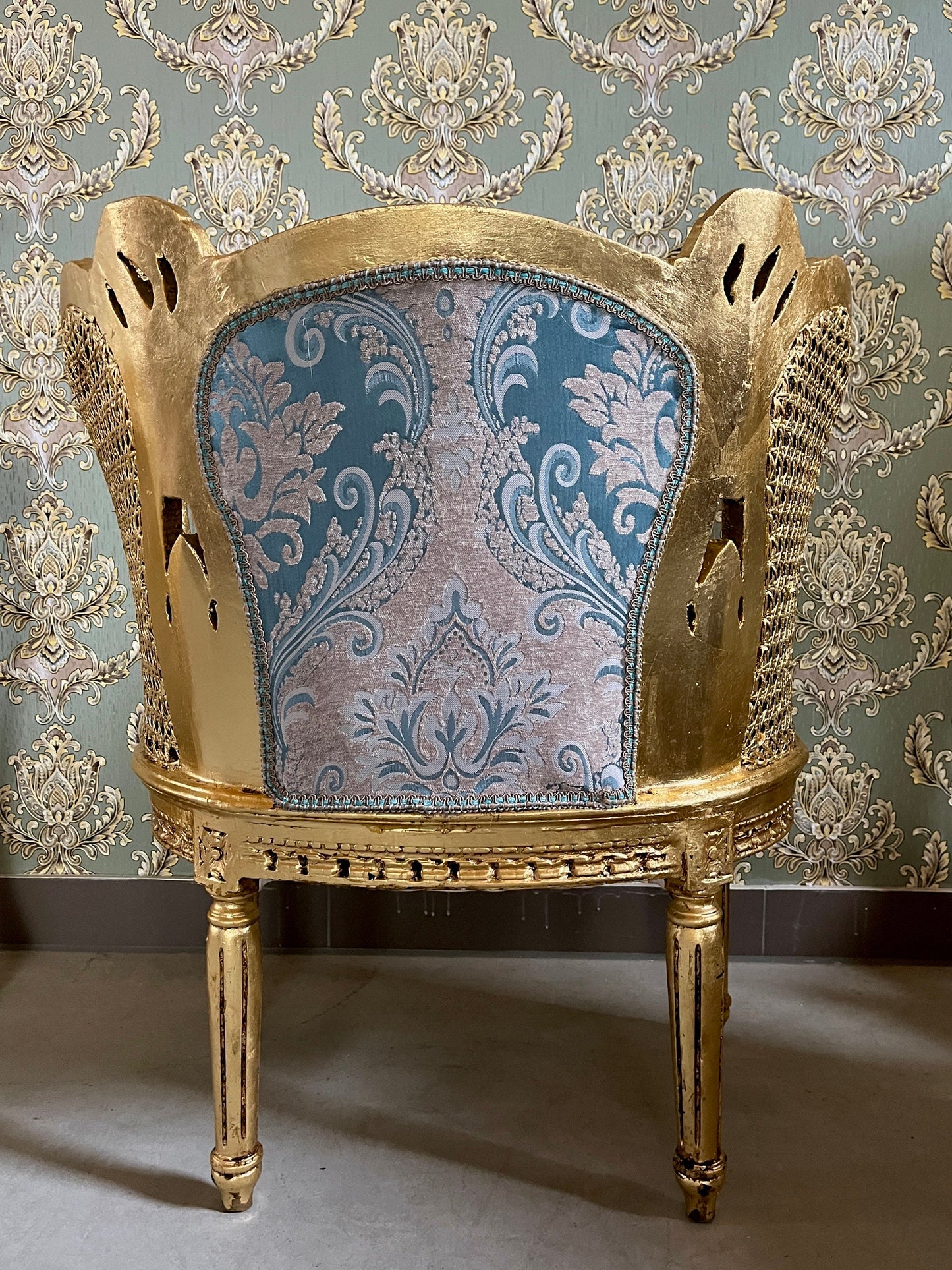 Pair Set Armchair Blue Royal Baroque Rococo Antique Style Chair in Gold Finish Woven Mesh Armrest & Blue Velvet Fabric for Lounge Room Decor