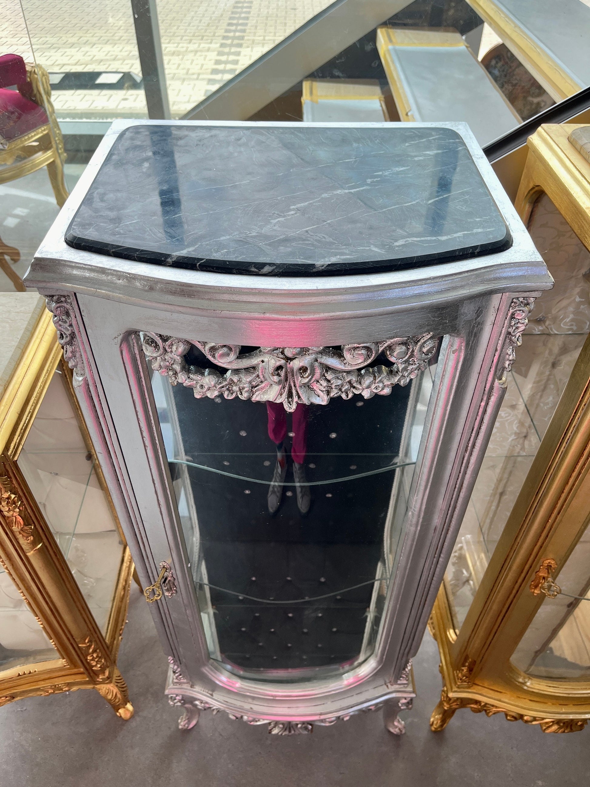 Display Cabinet Silver Black French Louis XV Antique Style Showcase Marble at Top Middle Size Baroque Style Showcase for Home Decor