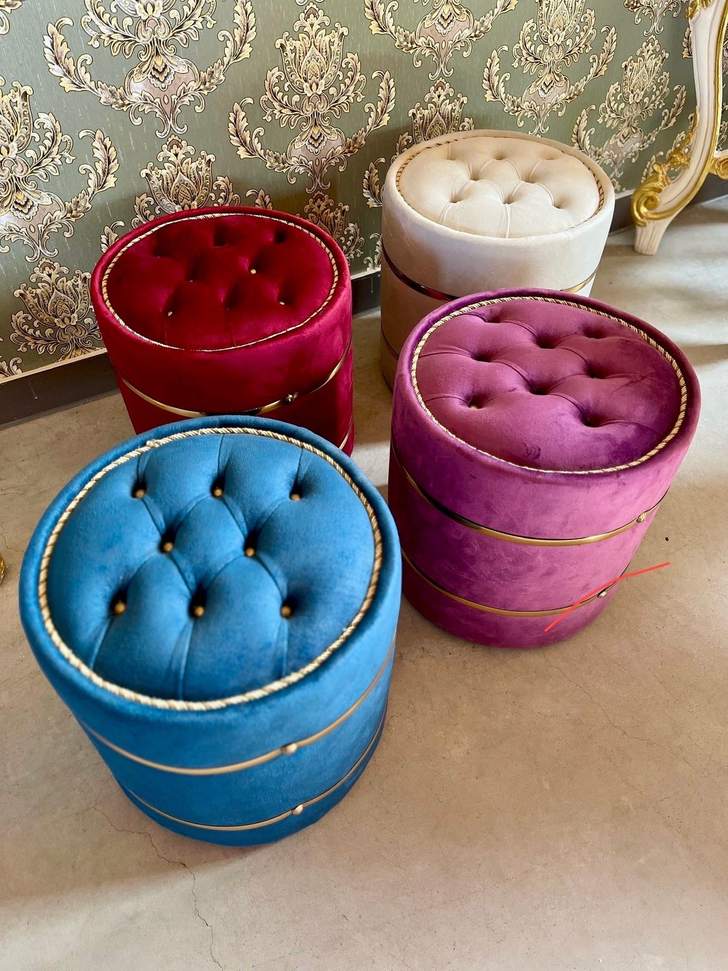 Ottoman Colorful Baroque Style Stool Nostalgic French Handmade Style Ottoman for Home Decor in Rich Velvet Purple Blue Red Beige