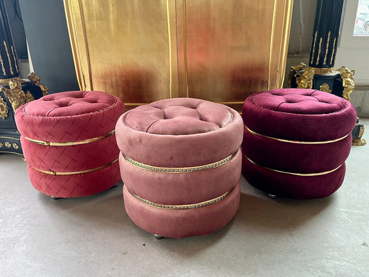 Pouf Nostalgic French Marcaron Shape Ottoman Cute Handmade Stool for Home Decor in Velvet Berry, Rosa ,Burgundy