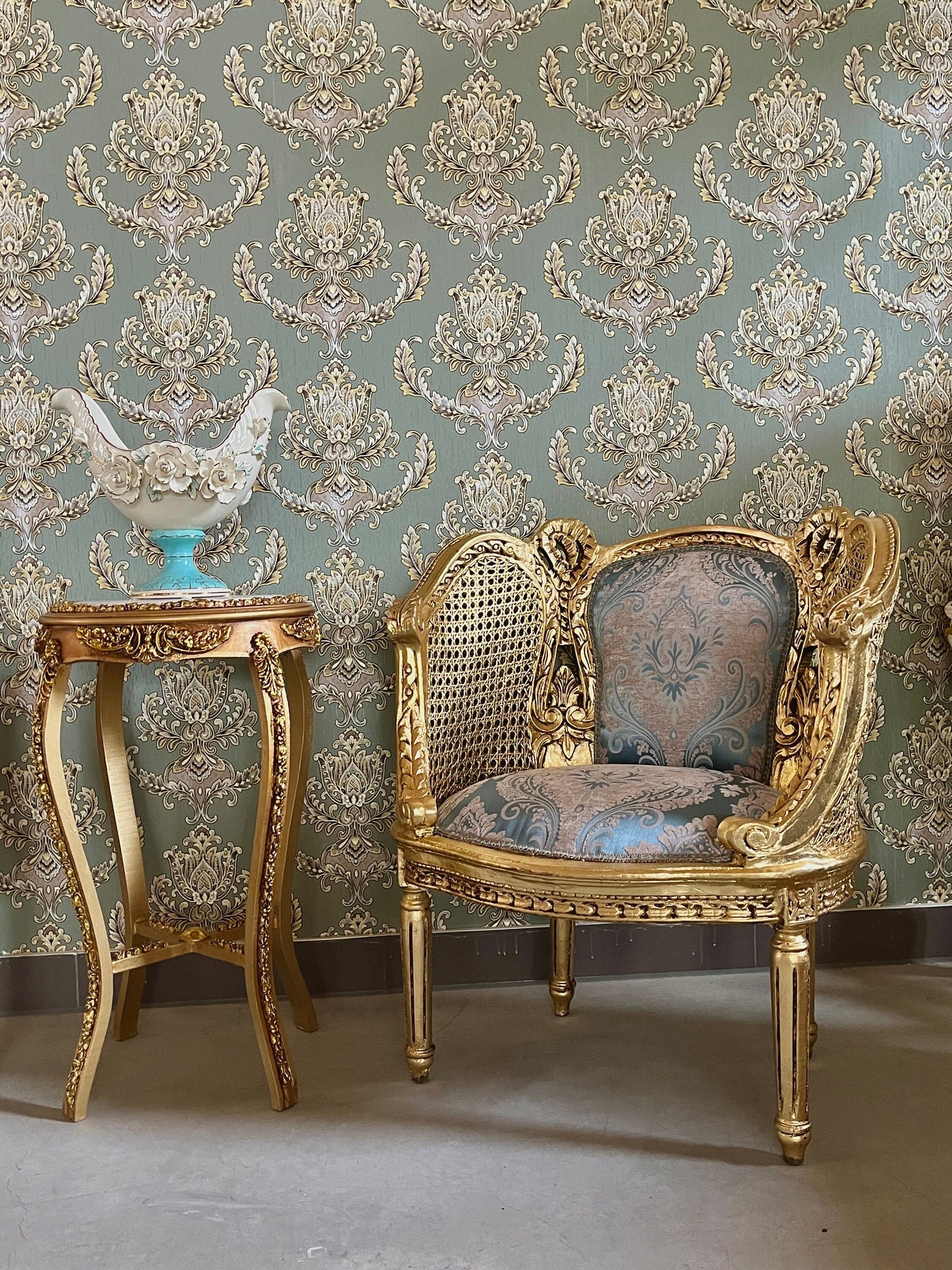 Pair Set Armchair Blue Royal Baroque Rococo Antique Style Chair in Gold Finish Woven Mesh Armrest & Blue Velvet Fabric for Lounge Room Decor