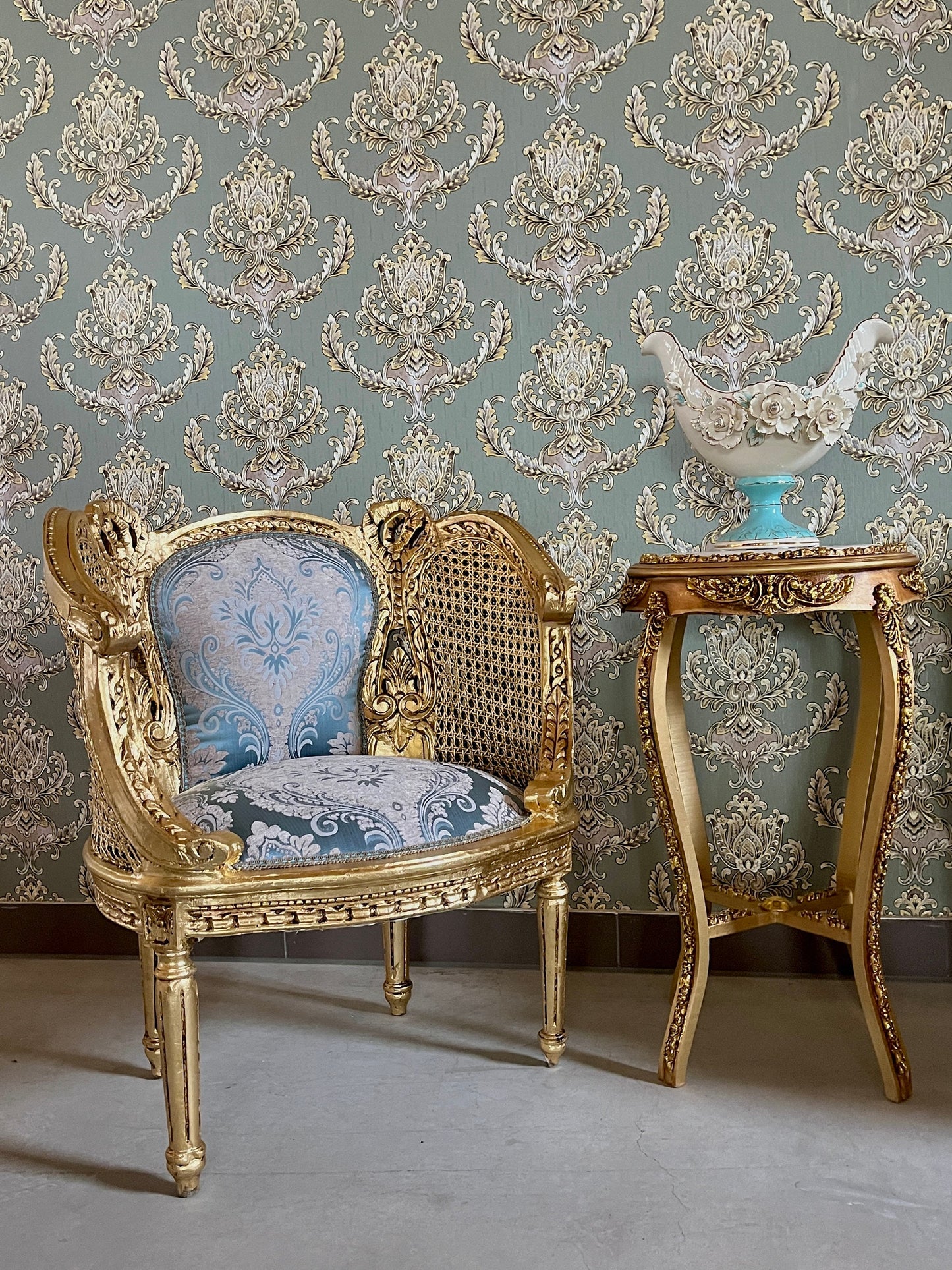 Pair Set Armchair Blue Royal Baroque Rococo Antique Style Chair in Gold Finish Woven Mesh Armrest & Blue Velvet Fabric for Lounge Room Decor