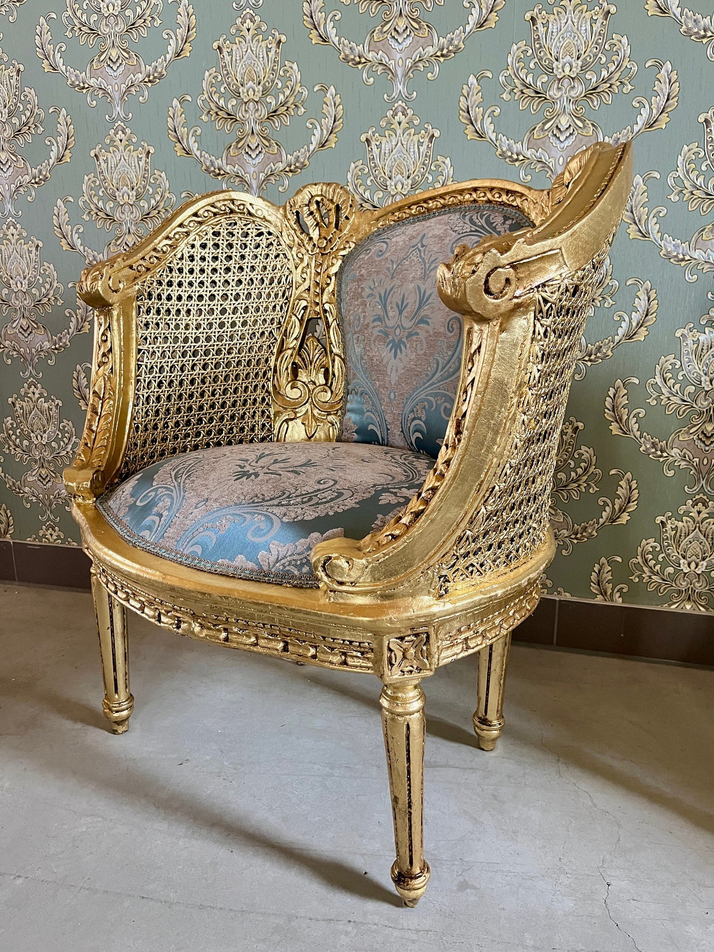 Pair Set Armchair Blue Royal Baroque Rococo Antique Style Chair in Gold Finish Woven Mesh Armrest & Blue Velvet Fabric for Lounge Room Decor