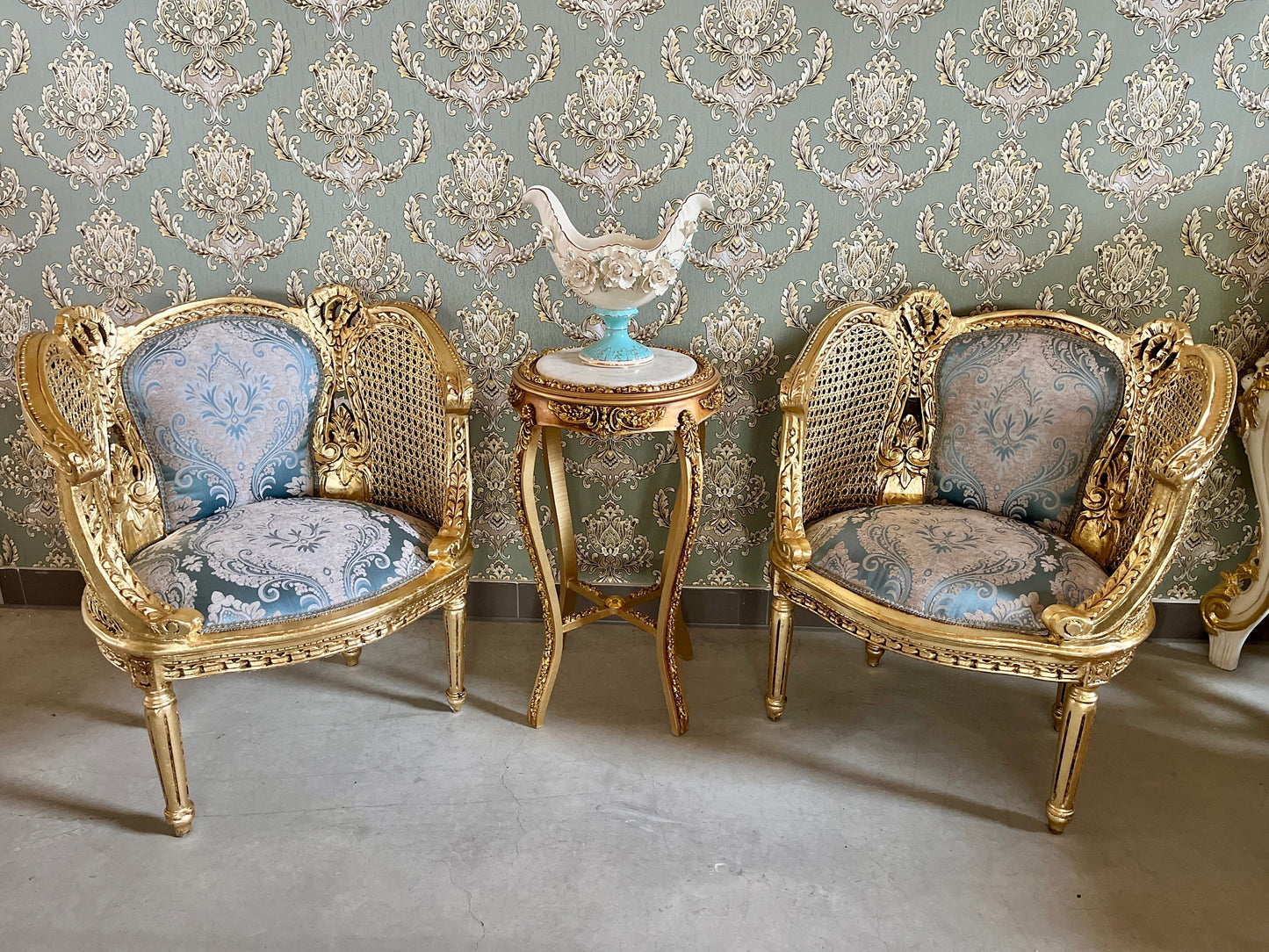 Pair Set Armchair Blue Royal Baroque Rococo Antique Style Chair in Gold Finish Woven Mesh Armrest & Blue Velvet Fabric for Lounge Room Decor