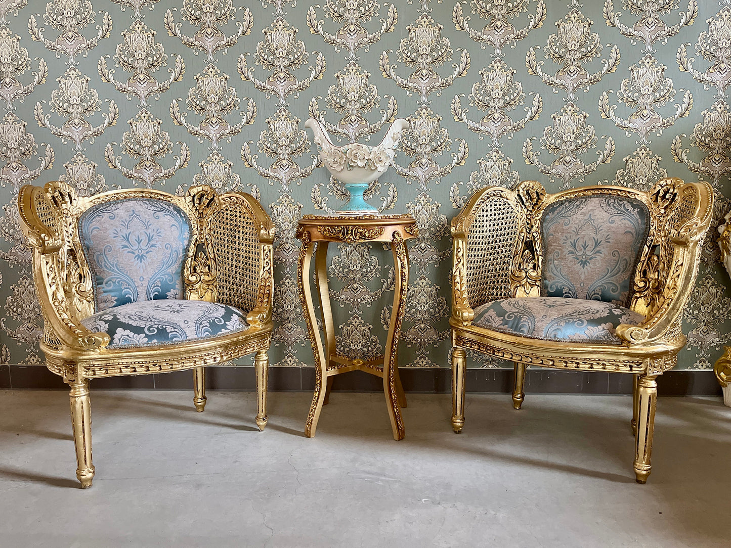 Pair Set Armchair Blue Royal Baroque Rococo Antique Style Chair in Gold Finish Woven Mesh Armrest & Blue Velvet Fabric for Lounge Room Decor