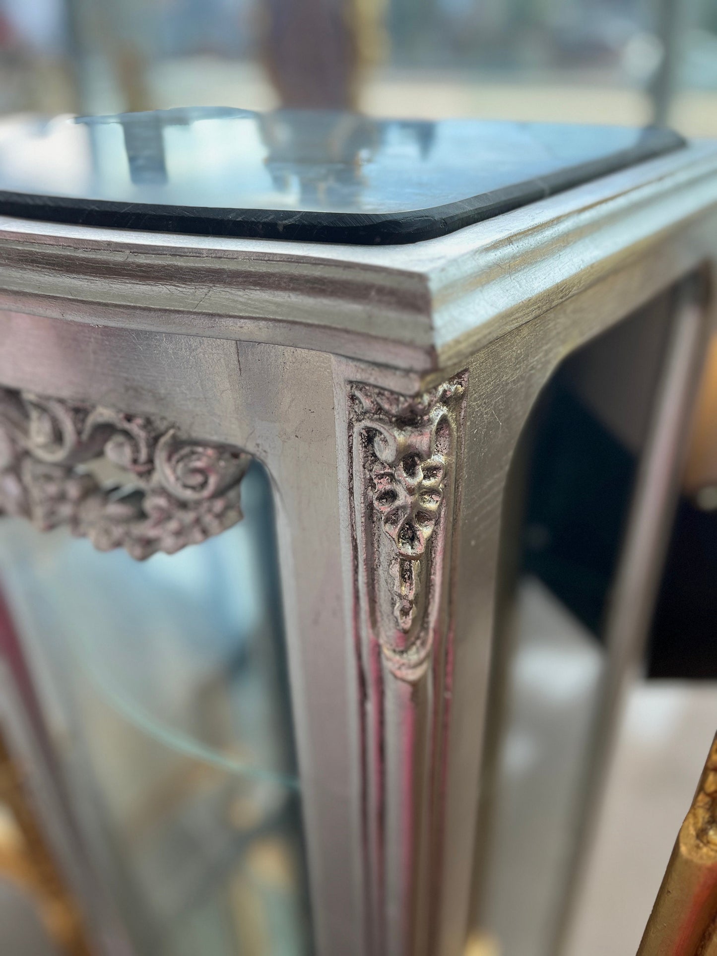 Display Cabinet Silver Black French Louis XV Antique Style Showcase Marble at Top Middle Size Baroque Style Showcase for Home Decor