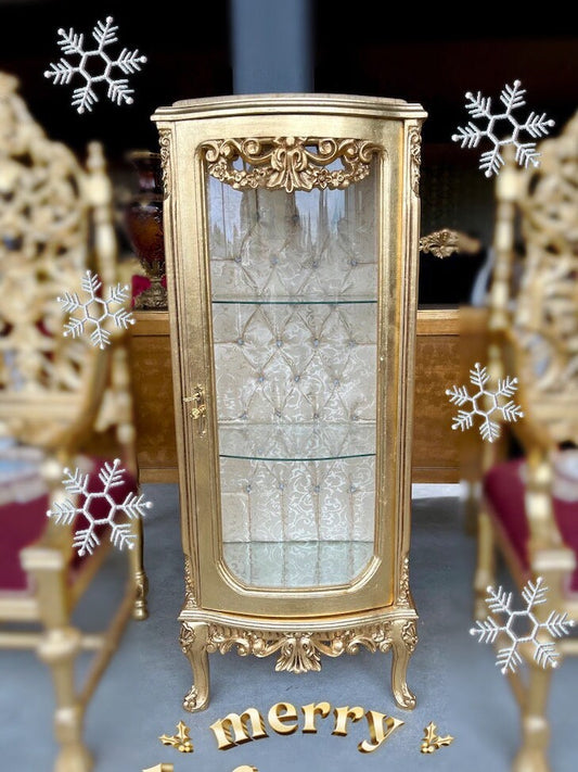 Display Cabinet French Louis Antique Style Showcase Retro Baroque Style Beige Glass Showcase Cabinet Gold Finish for Home Decor