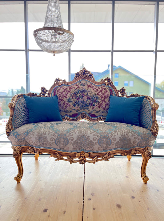 Love Seat French Louis Style Sofa Royal Baroque Style Settee for Home Italian Baroque Rococo Style Sofa in Blue Color for Lounge