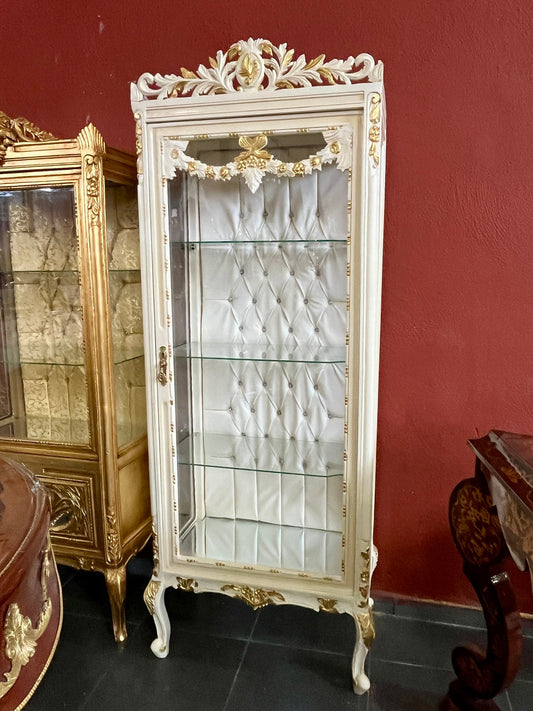 Display Cabinet French Louis XV Style Showcase Antique Style Reproduction in Beige Color Retro Baroque Style Glass Cabinet