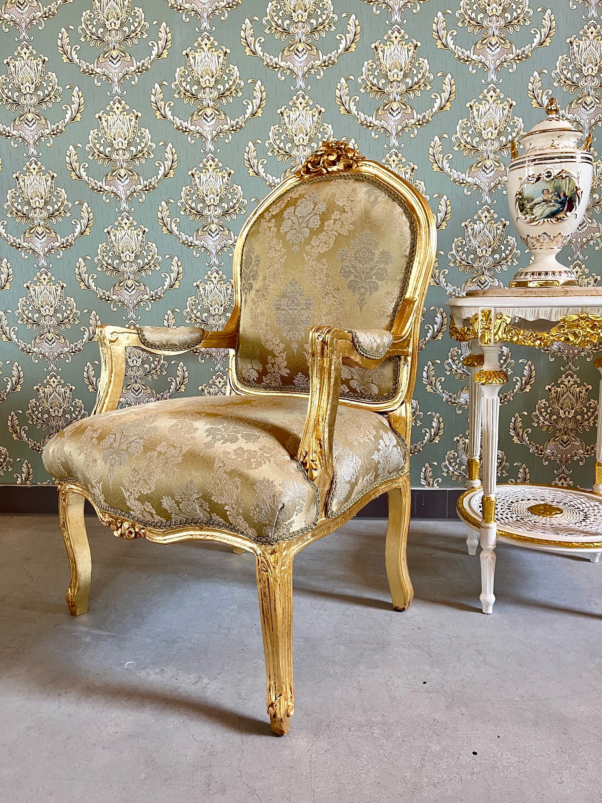 Armchair French Louis Antique Style Chair Royal Baroque Style in Gold Finish Deluxe Fabric in Gold & Black Flower Pattern for Home Décor
