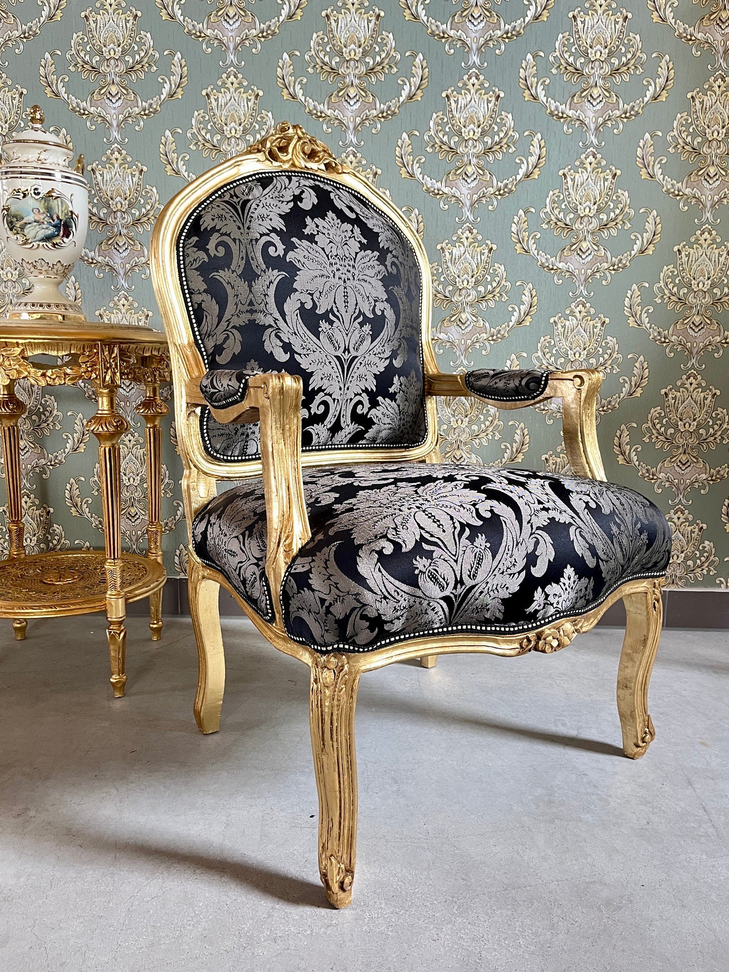 Armchair French Louis Antique Style Chair Royal Baroque Style in Gold Finish Deluxe Fabric in Gold & Black Flower Pattern for Home Décor