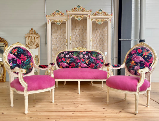 Lounge Sofa Set Fuchsia Pink Velvet French Louis Baroque Rococo Style Couch Set Hold Finish for Hotel Lodge or Xmas Holiday Home Decor