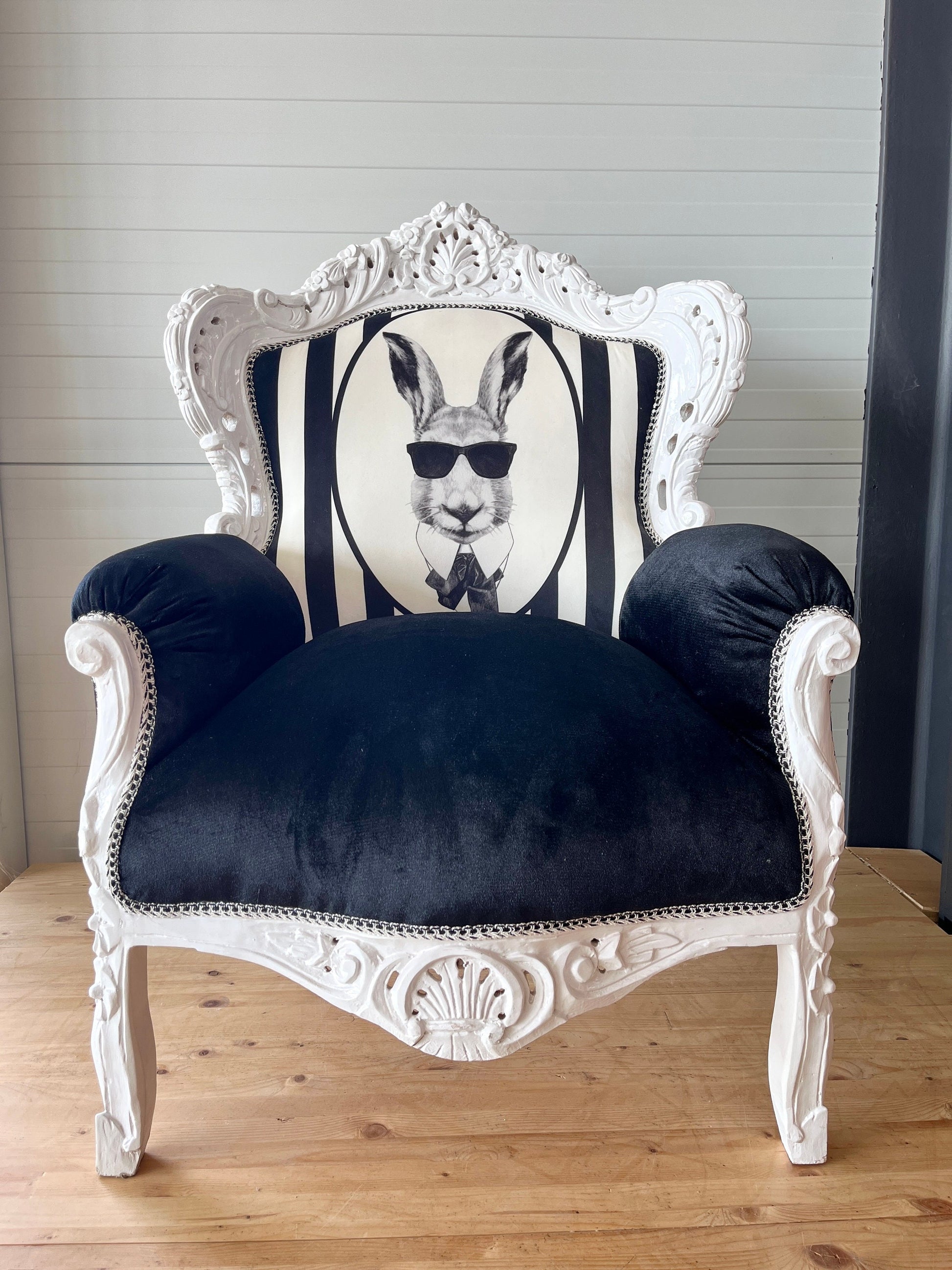 Armchair Baroque Recoco Style in Black Velvet Funny Rabbit Print for Birthday Party Décor for Shop Event Party Display Niche Chair