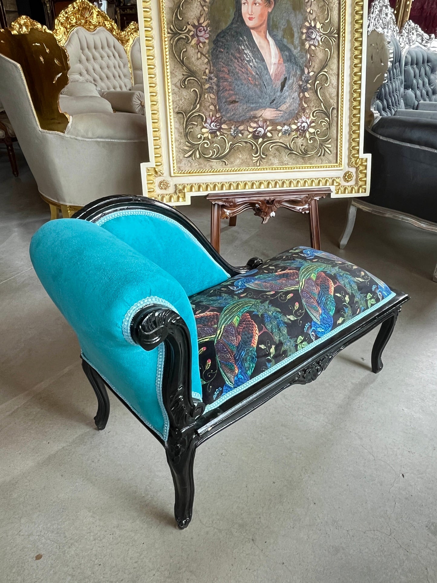 Small Bench Velvet Fuchsia French Antique Style Small Longue Seat Velvet Blue Jungle Animal Print Nostalgic Baroque Style for Home Decor