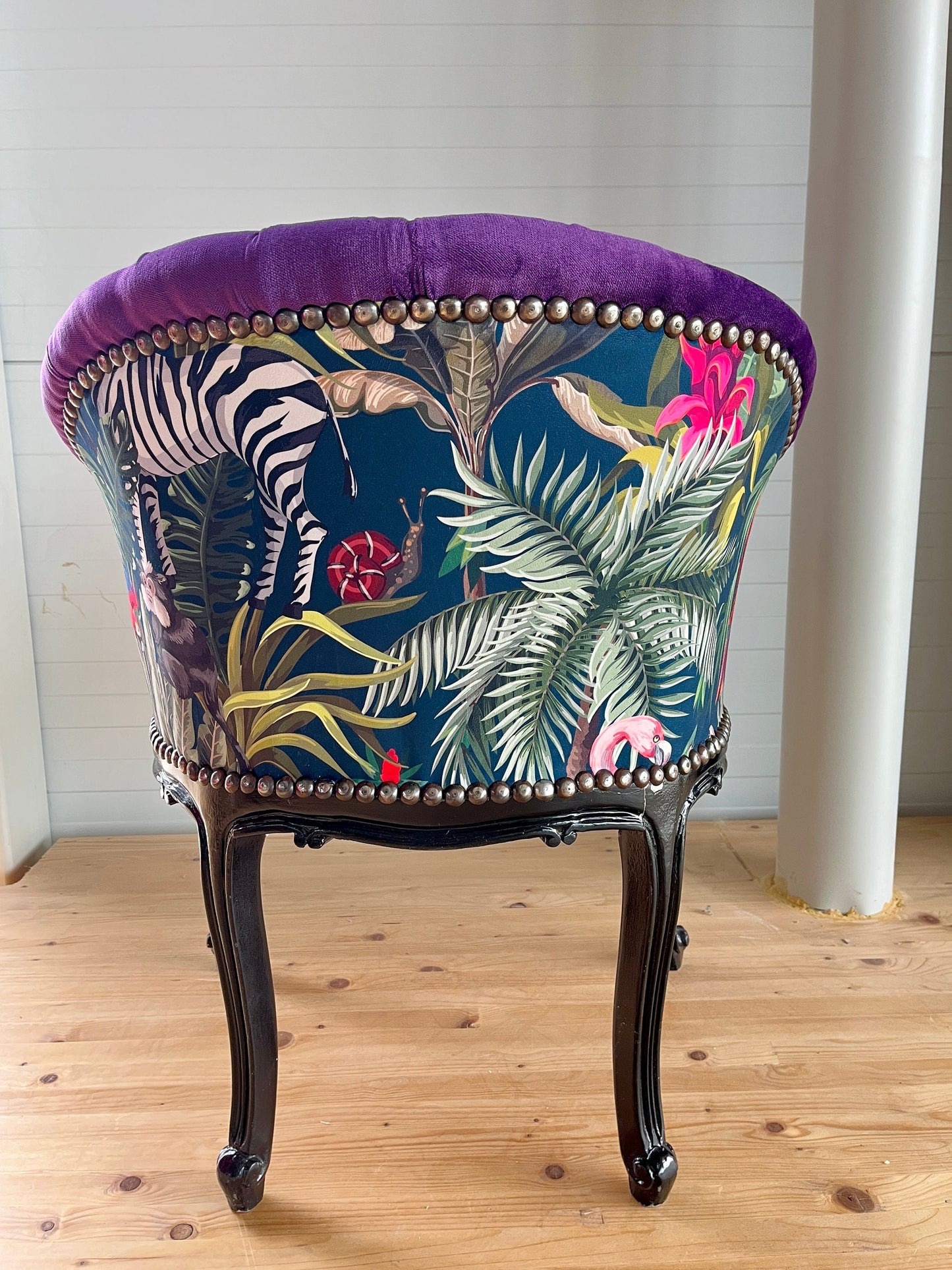 Cocktail Chair Tufted Velvet French Baroque Rococo Style in Floral Jungle Print Bar Chair Tufted Velvet Fuchsia Velvet Purple for Party Deco