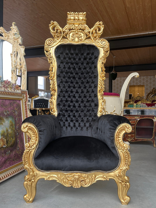 Huge Armchair Gold Crown King Throne Tufted Velvet Black Baroque Style Throne in Gold Finish for Commercial Décor for Party Event Décor
