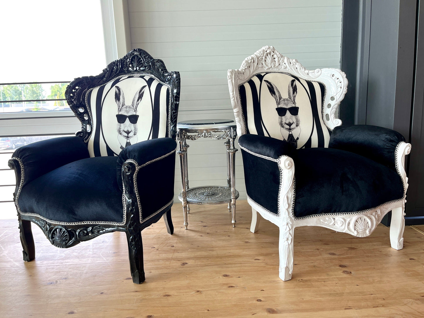 Armchair Baroque Recoco Style in Black Velvet Funny Rabbit Print for Birthday Party Décor for Shop Event Party Display Niche Chair
