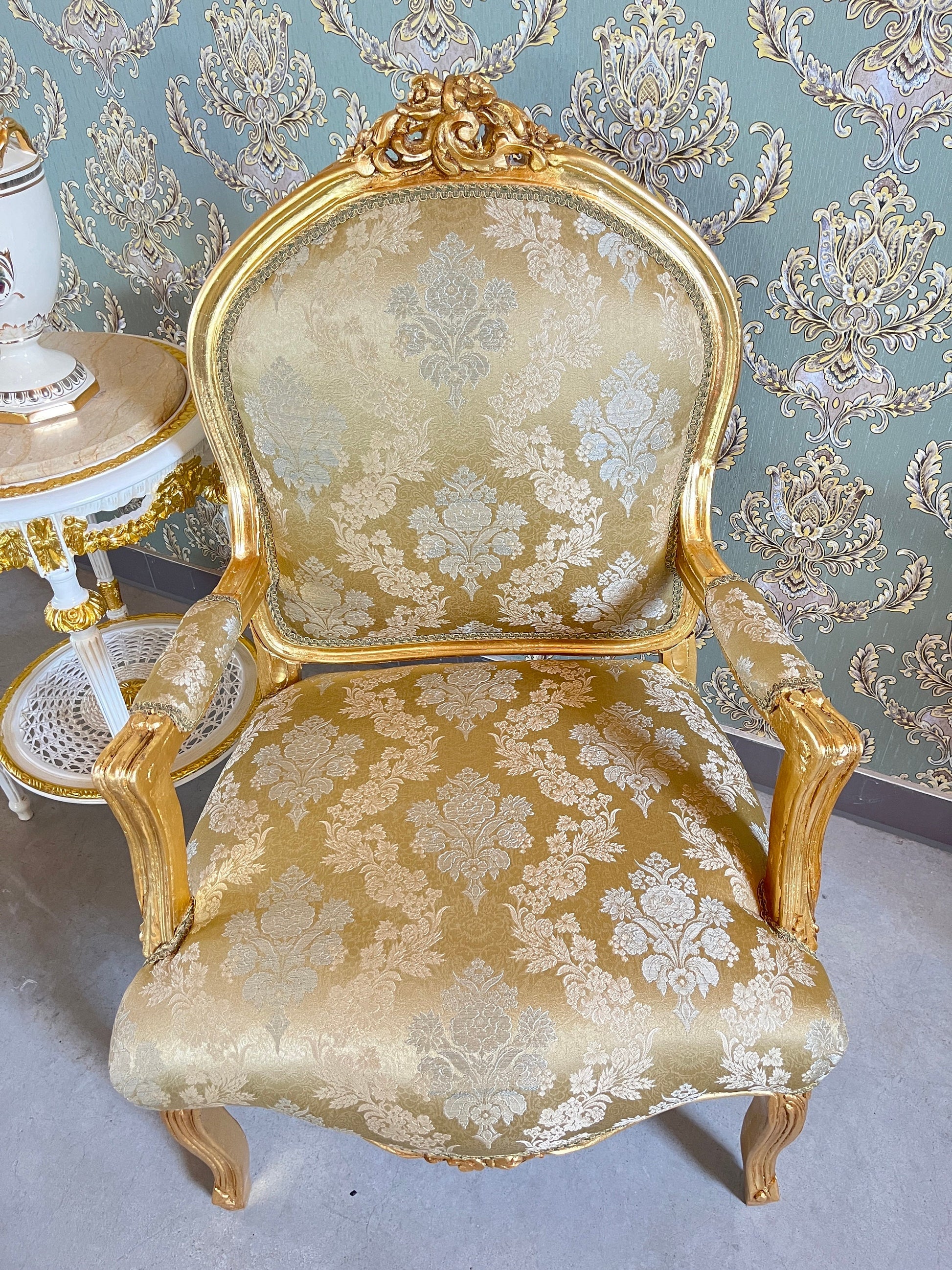 Armchair French Louis Antique Style Chair Royal Baroque Style in Gold Finish Deluxe Fabric in Gold & Black Flower Pattern for Home Décor