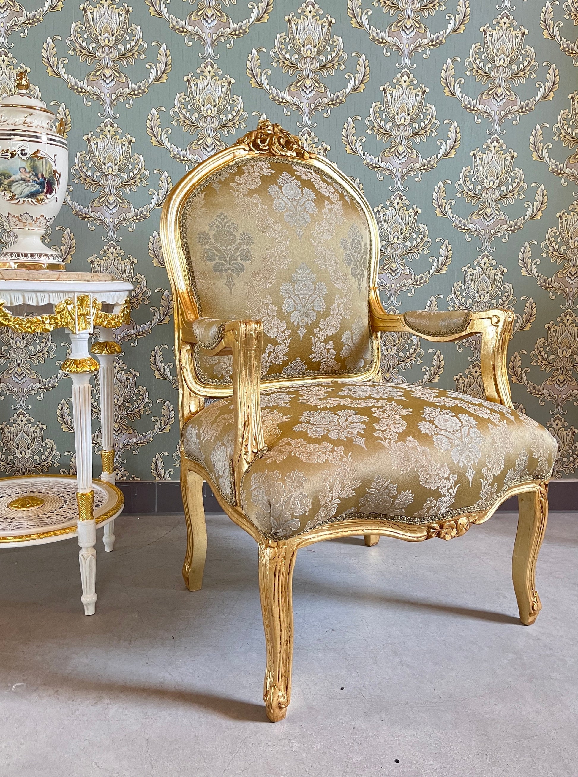 Armchair French Louis Antique Style Chair Royal Baroque Style in Gold Finish Deluxe Fabric in Gold & Black Flower Pattern for Home Décor