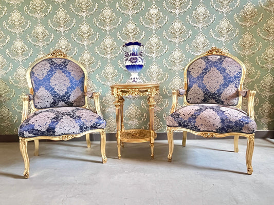 2 Armchairs & Table Set French Louis Style in Navy Blue Retro Baroque Rococo Style Armchair Table Set For Home Decor Hotel Lounge Chair Set