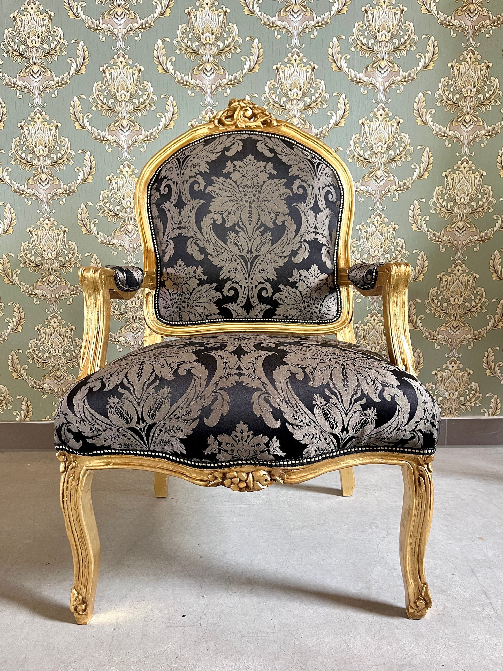 Armchair French Louis Antique Style Chair Royal Baroque Style in Gold Finish Deluxe Fabric in Gold & Black Flower Pattern for Home Décor