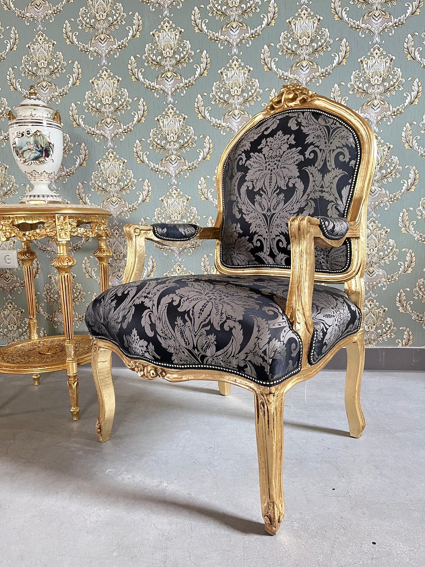 Armchair French Louis Antique Style Chair Royal Baroque Style in Gold Finish Deluxe Fabric in Gold & Black Flower Pattern for Home Décor