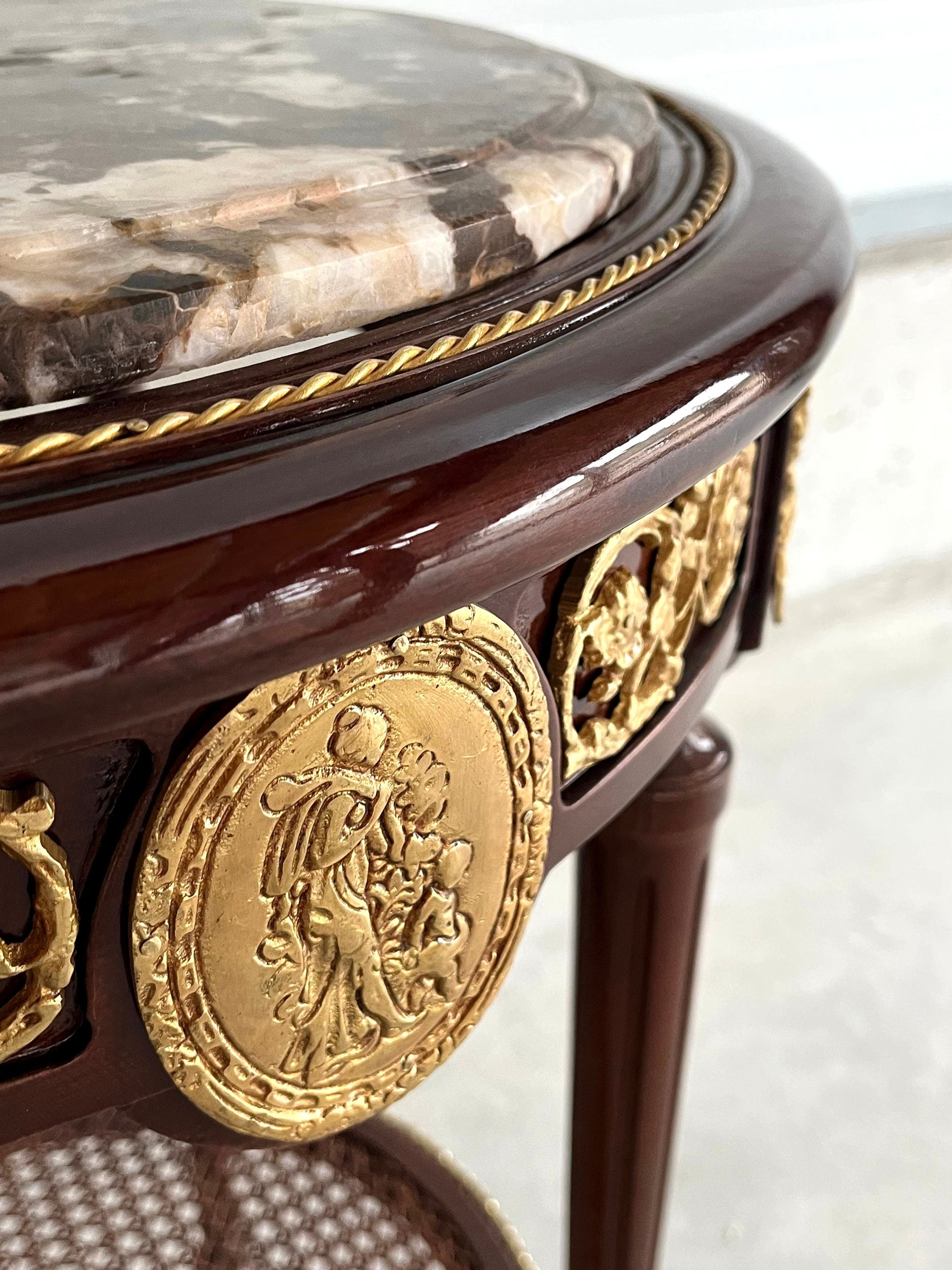 Round Side Table Brown Marble Top Royal Baroque Nostalgic French Style Wooden Table Round Marble in Brown