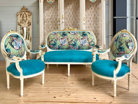 Lounge Sofa Set Colorful Velvet Turquoise Color French Louis Baroque Rococo Style Sofa Set Retro Look for Hotel Lodge Lobby or Home Decor