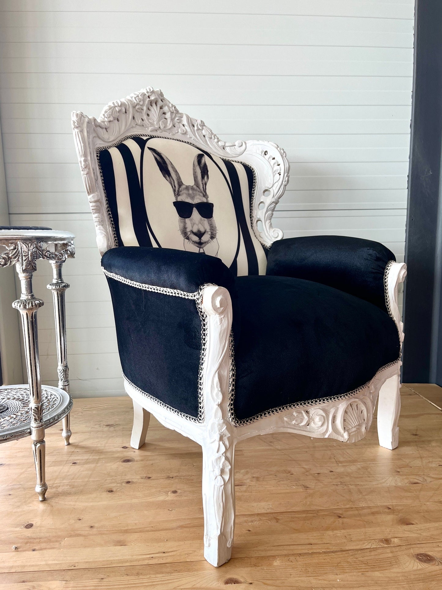 Armchair Baroque Recoco Style in Black Velvet Funny Rabbit Print for Birthday Party Décor for Shop Event Party Display Niche Chair