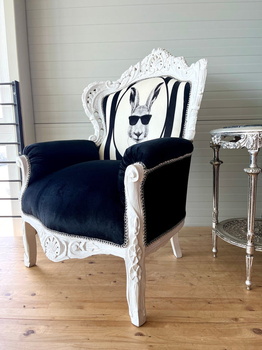 Armchair Baroque Recoco Style in Black Velvet Funny Rabbit Print for Birthday Party Décor for Shop Event Party Display Niche Chair