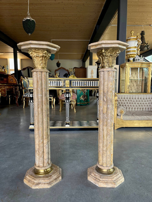 A Set of Marble Pillars Deluxe Baroque Rococo Style with Bronze Decor for Home or Hotel Decoration Natural Camel Color