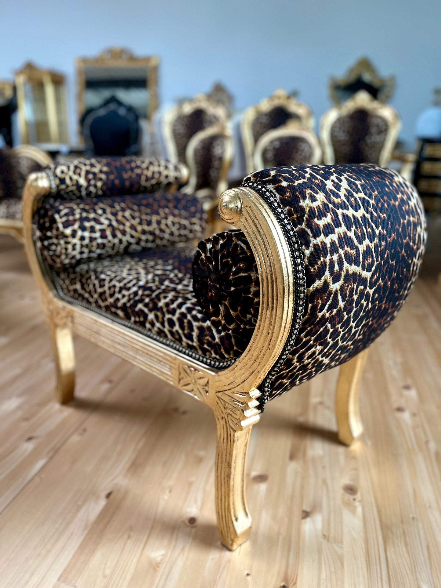 Ottoman Nostalgic French Louis Style Leopard Print Footstool in Gold Finish Ottoman Retro Baroque Style in Bordeaux Red Velvet Gift for Her