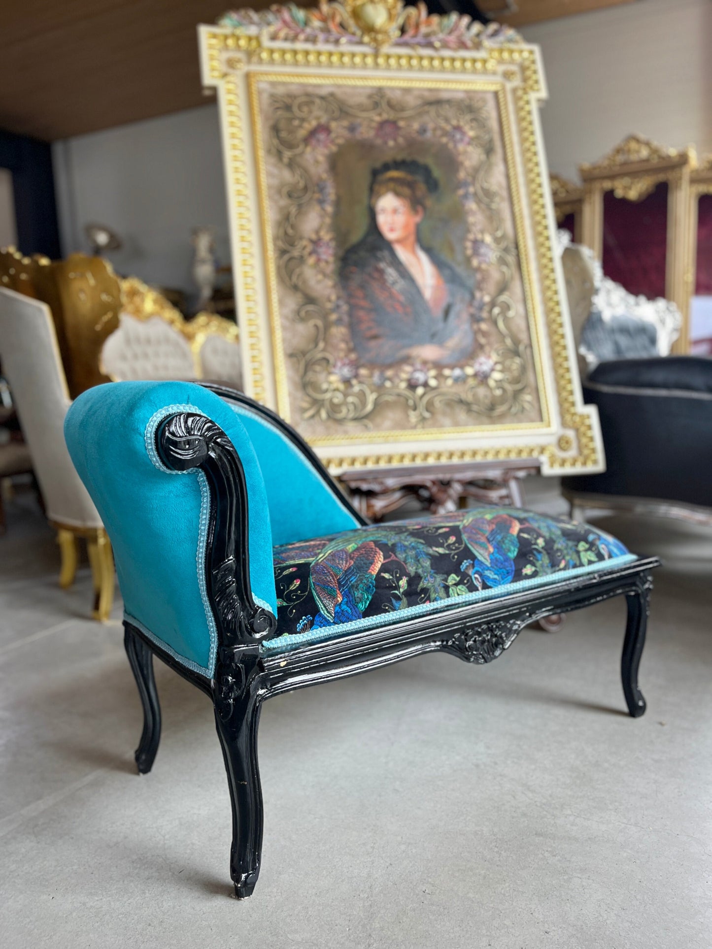 Small Bench Velvet Fuchsia French Antique Style Small Longue Seat Velvet Blue Jungle Animal Print Nostalgic Baroque Style for Home Decor