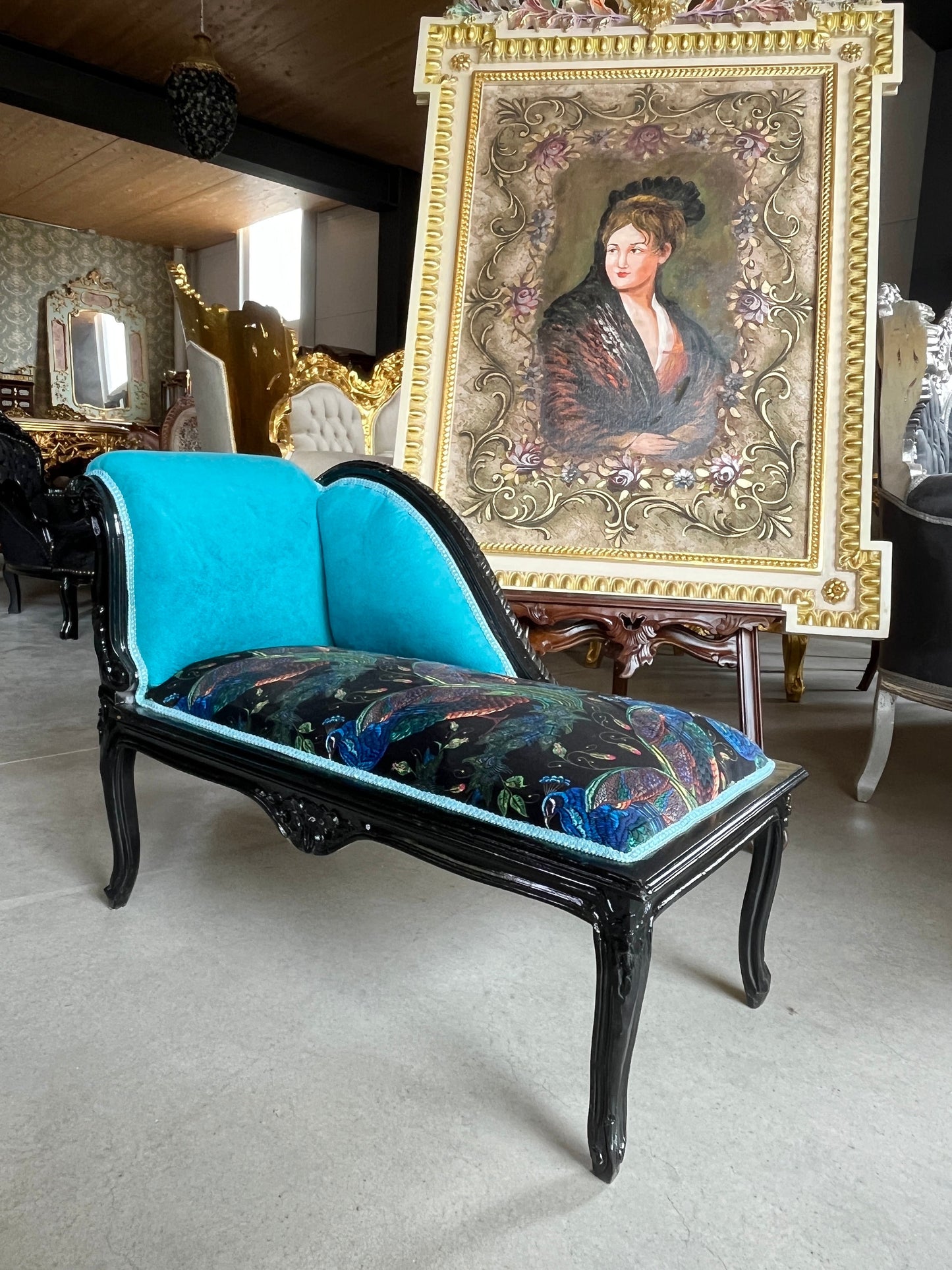 Small Bench Velvet Fuchsia French Antique Style Small Longue Seat Velvet Blue Jungle Animal Print Nostalgic Baroque Style for Home Decor