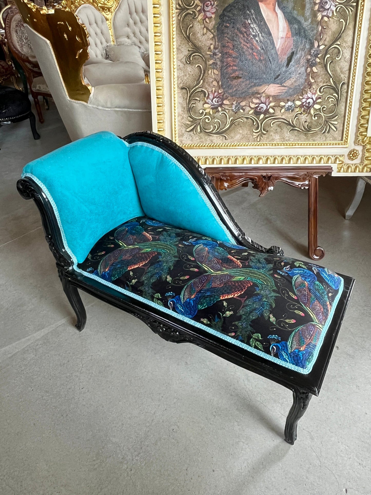 Small Bench Velvet Fuchsia French Antique Style Small Longue Seat Velvet Blue Jungle Animal Print Nostalgic Baroque Style for Home Decor