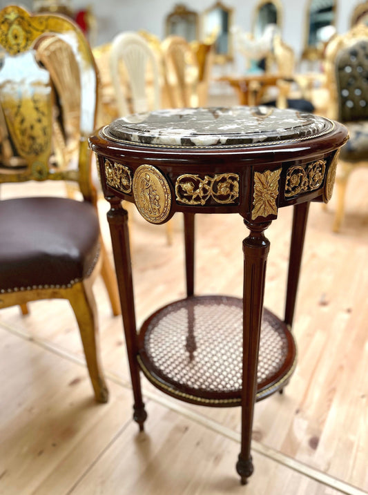 Round Side Table Brown Marble Top Royal Baroque Nostalgic French Style Wooden Table Round Marble in Brown