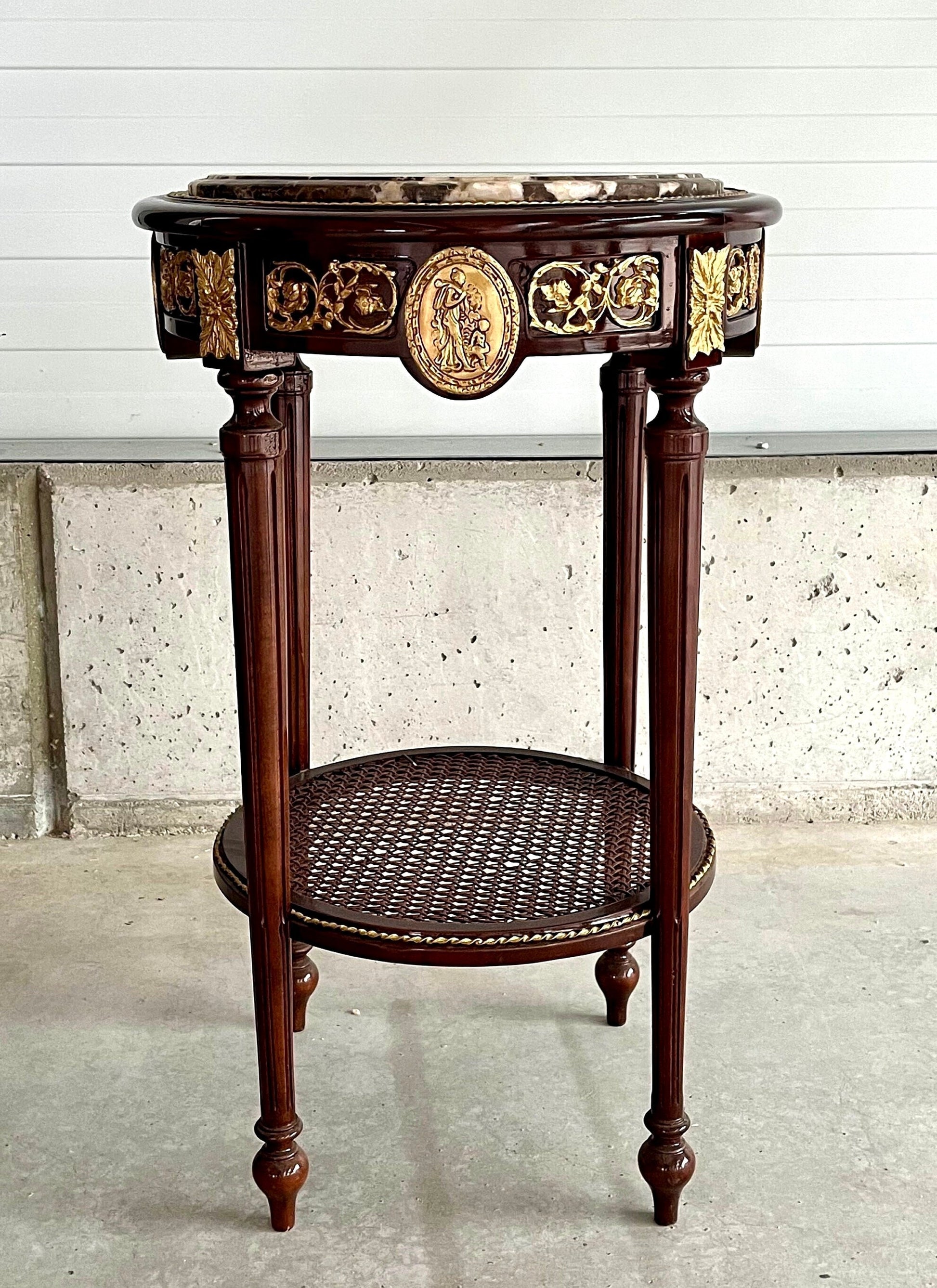Round Side Table Brown Marble Top Royal Baroque Nostalgic French Style Wooden Table Round Marble in Brown