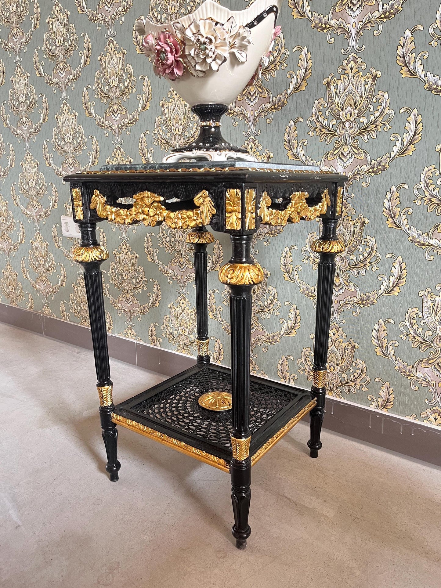Black Side Table French Baroque Style in Glossy Black with Partial Gold Decor Coffee Table With Marble Slab Top in Dark Green or Black