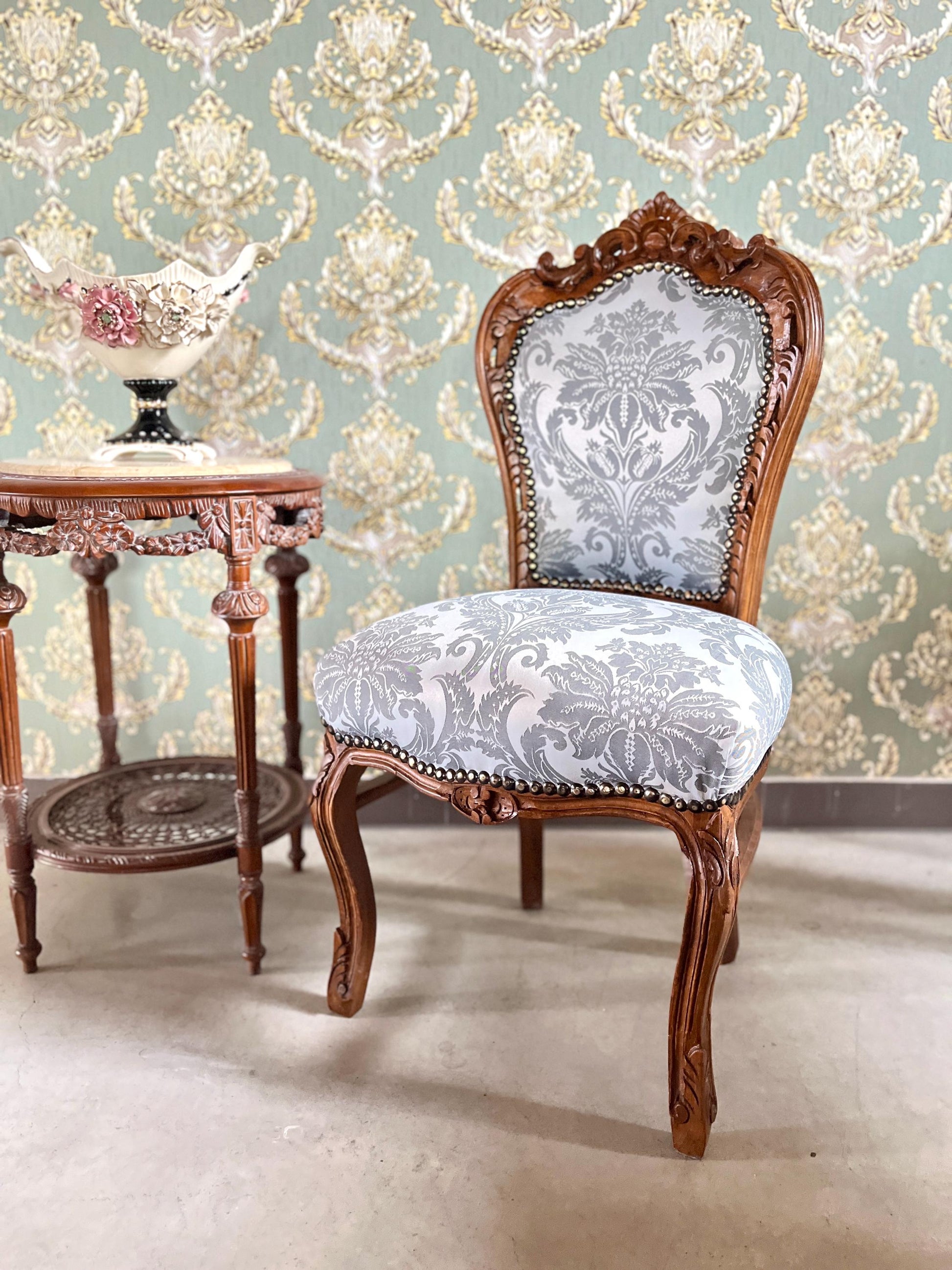 Dining Chair French Baroque Style in Grey Jacquard Fabric Wooden Chair for Home Decor Made-To-Order