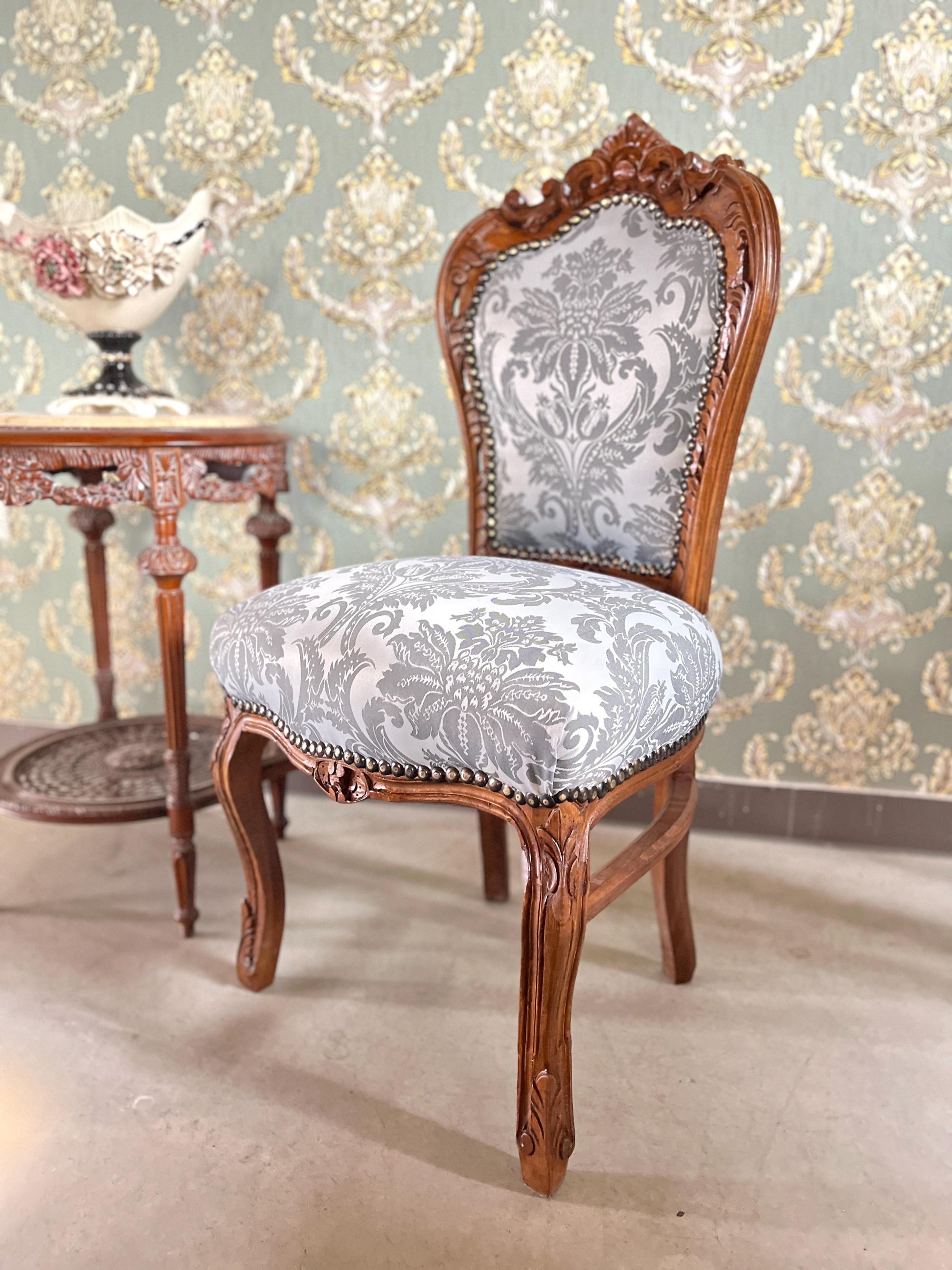 Dining Chair French Baroque Style in Grey Jacquard Fabric Wooden Chair for Home Decor Made-To-Order