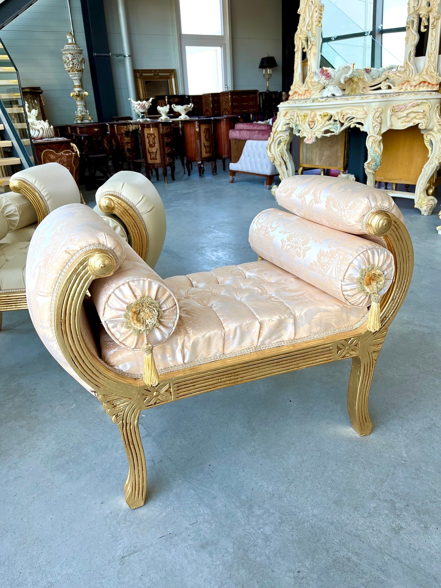 Ottoman French Louis Antique Style Beige Jacquard Fabric Bench Retro Baroque Rococo Style for Home Decor