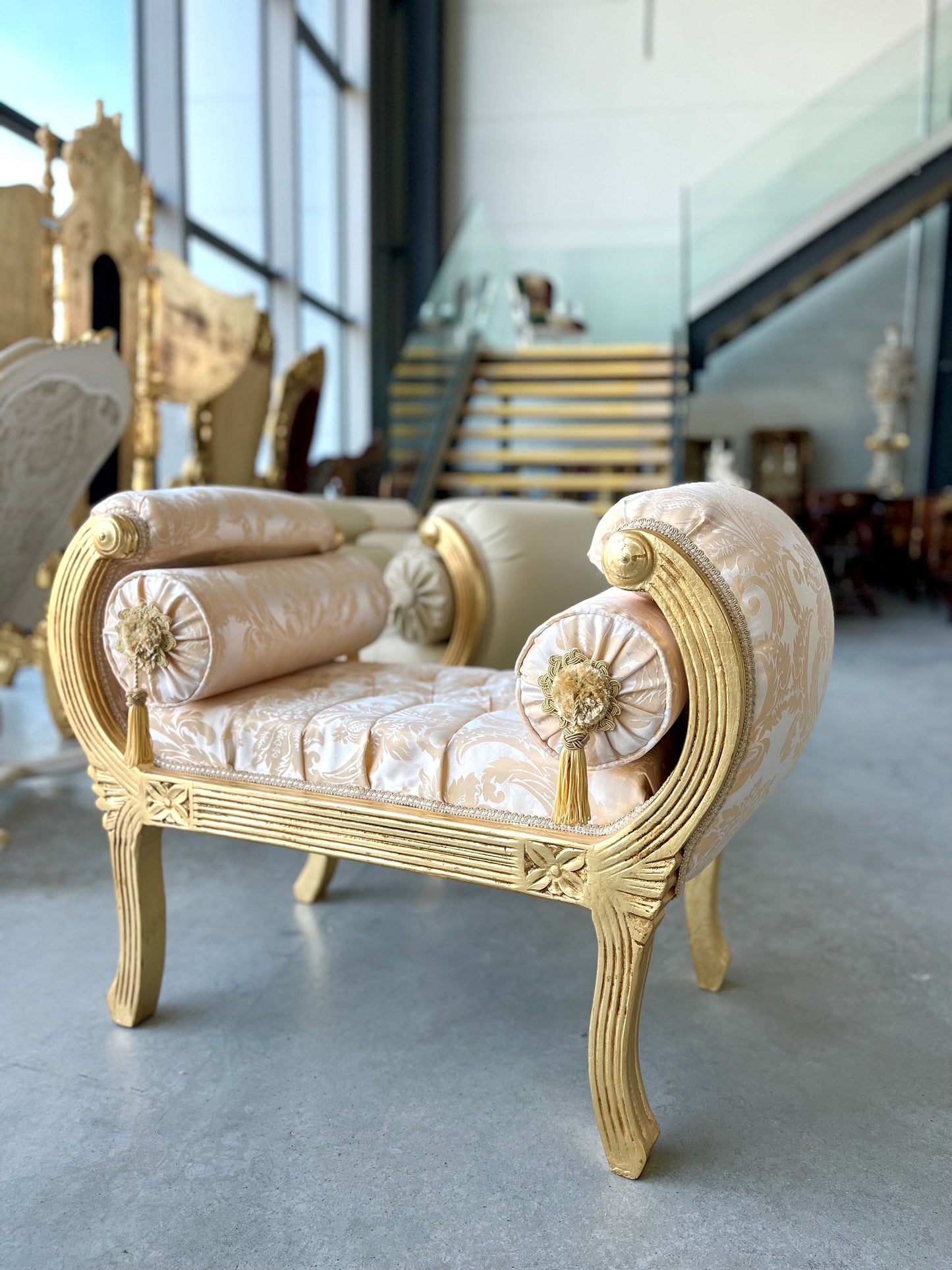 Ottoman French Louis Antique Style Beige Jacquard Fabric Bench Retro Baroque Rococo Style for Home Decor