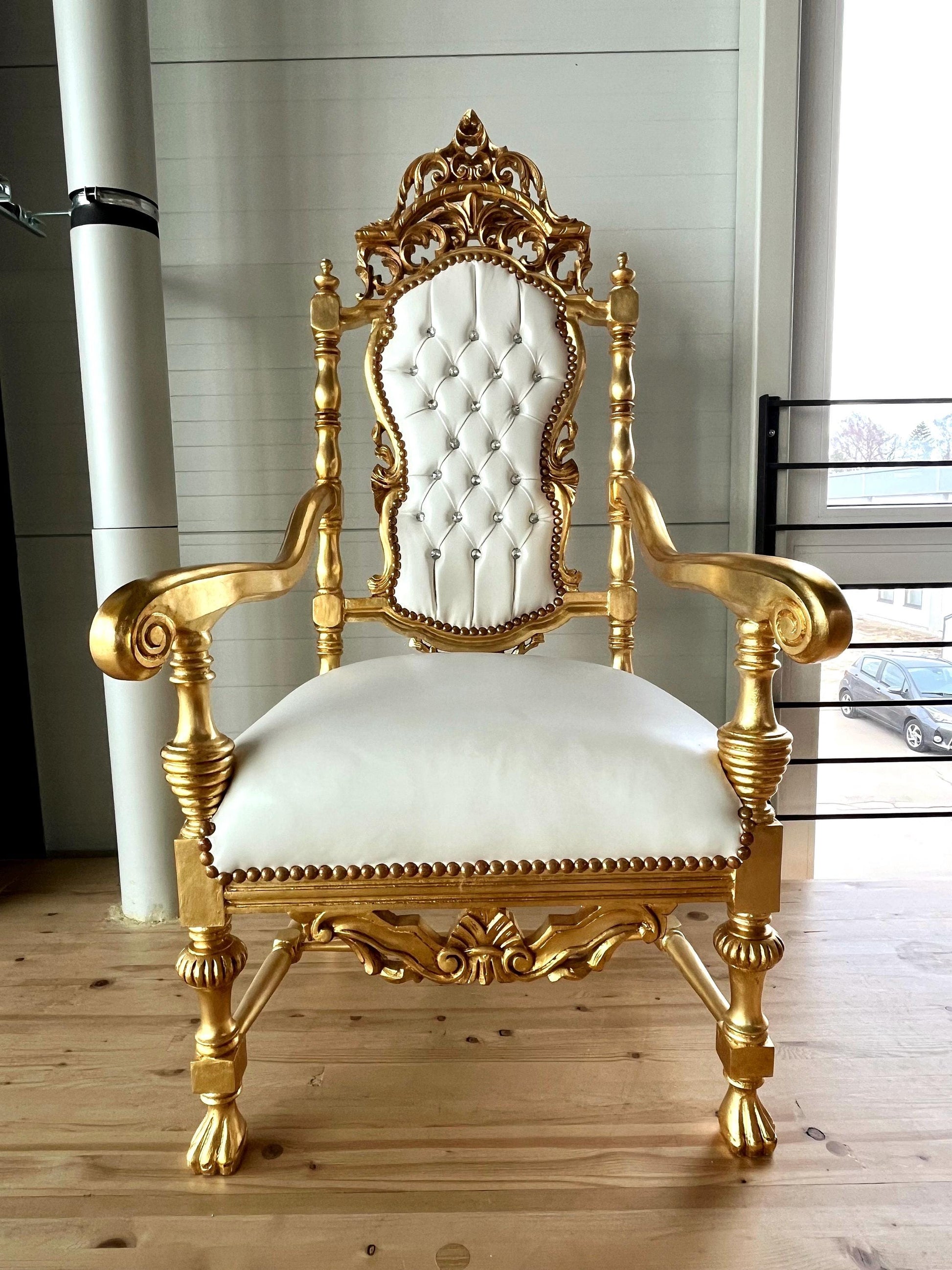 Throne Italian Barock Rococo Style Armchair Royal Antique Style Chair Gold Finish White Leather Like