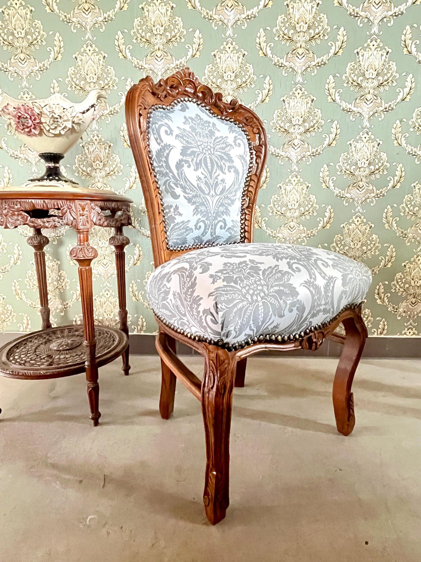 Dining Chair French Baroque Style in Grey Jacquard Fabric Wooden Chair for Home Decor Made-To-Order