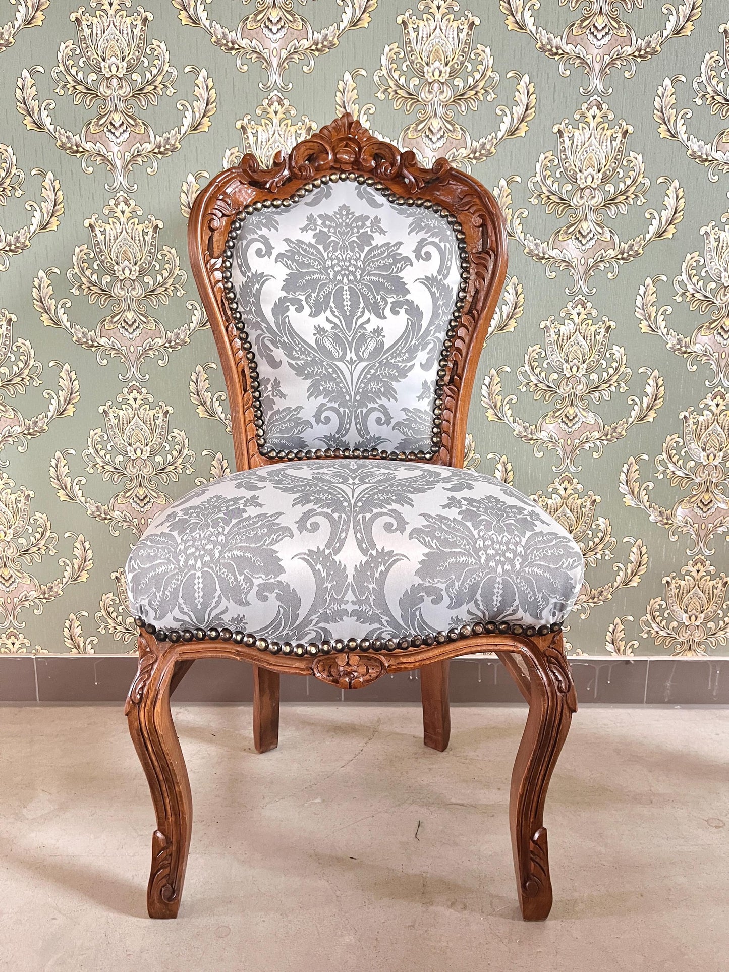 Dining Chair French Baroque Style in Grey Jacquard Fabric Wooden Chair for Home Decor Made-To-Order