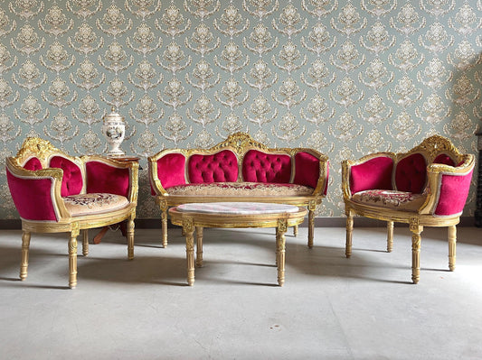 Lounge Sofa Set Antique Baroque Rococo Style in Xmas Red Velvet & Deluxe Red Damask Sofa Set in Retro Royal Style for Home Xmas Decor
