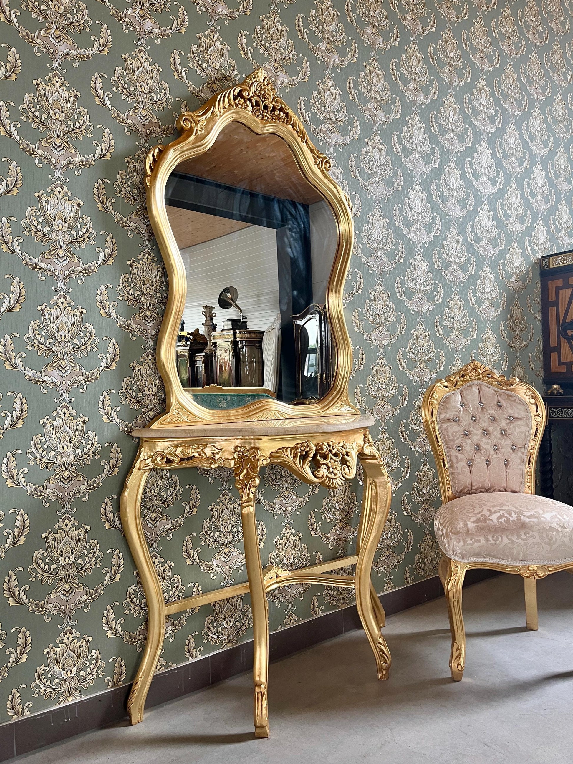 Table Console & Mirror Retro Baroque Style with Beige Marble Top Handcrafted Wooden Table in Gold Finish