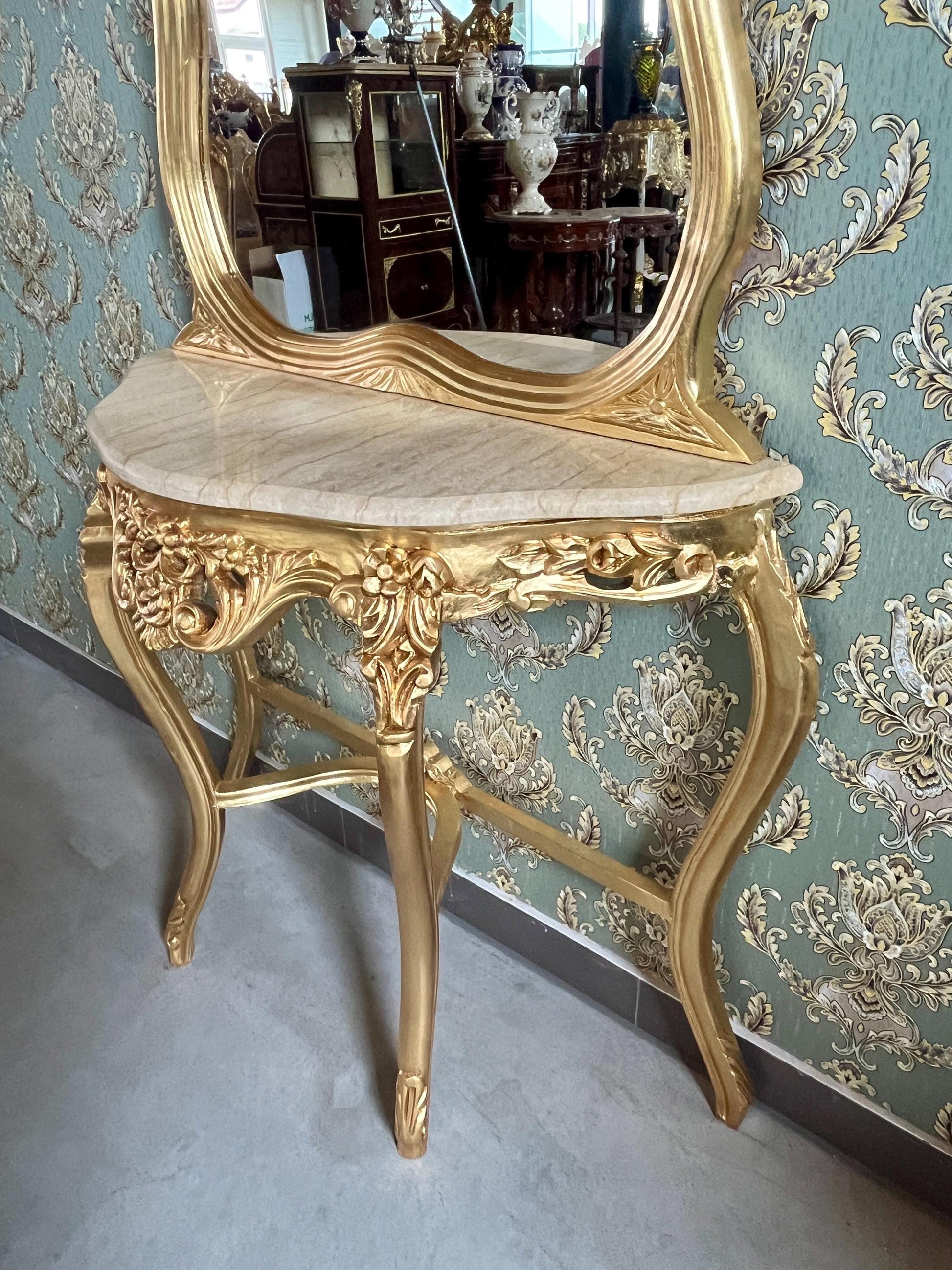 Table Console & Mirror Retro Baroque Style with Beige Marble Top Handcrafted Wooden Table in Gold Finish