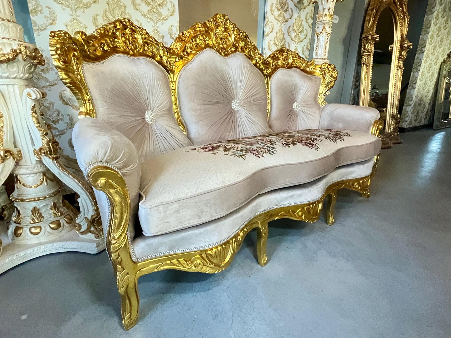 Sofa Set Louis XV Style in Beige Velvet Gold Finish Retro Baroque Rococo Style Couch Set for Living Room for Hotel Lobby Decor